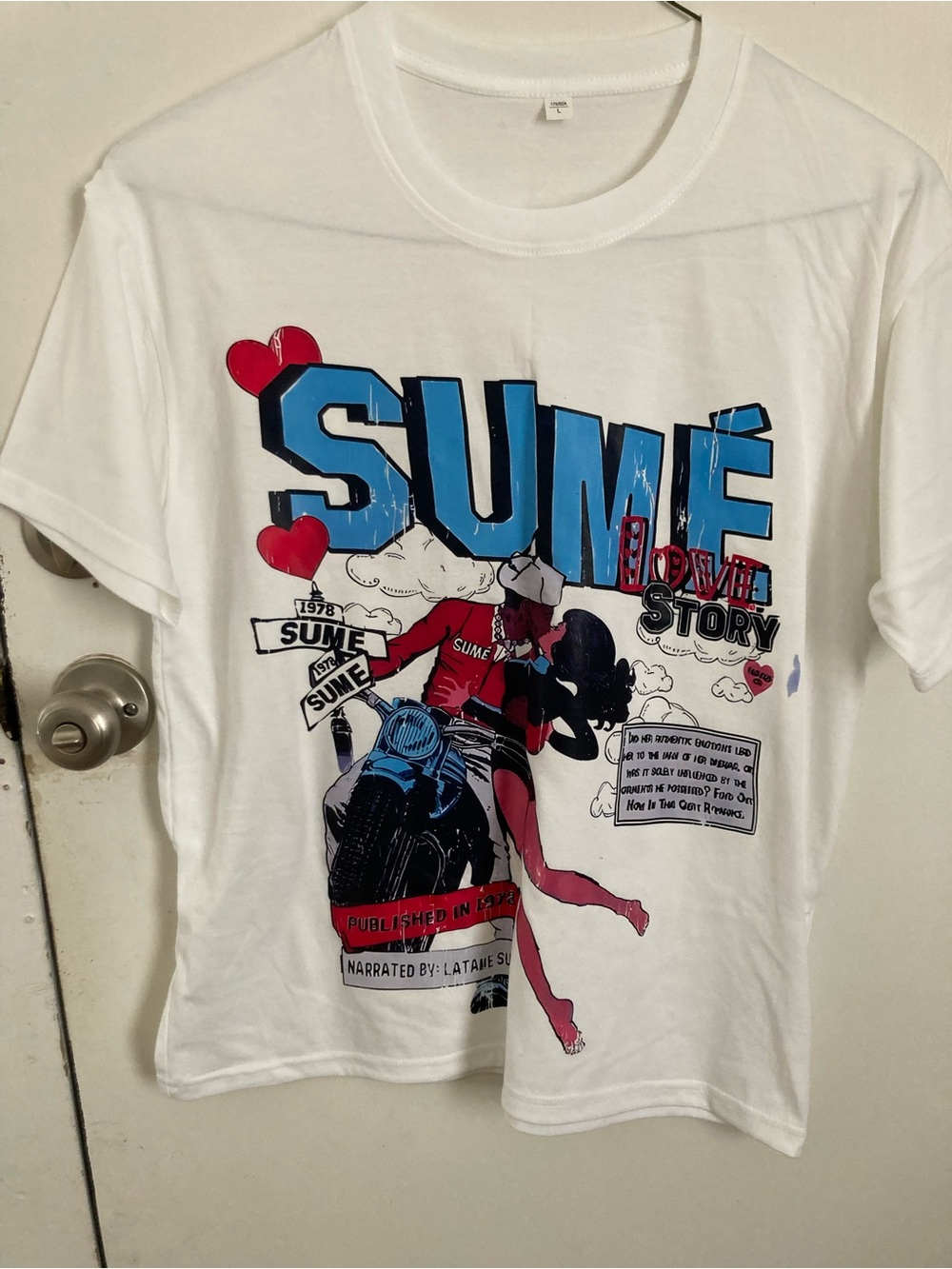 White SUME Graphic Short Sleeve Tee - Blue & Red Print